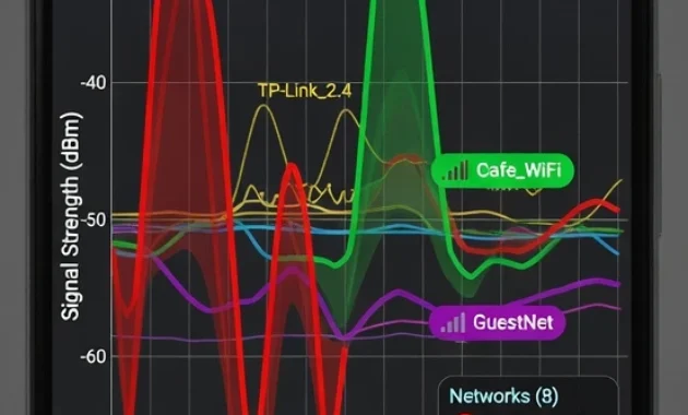 WiFi analyzer app screen on Android smartphone showing channel frequency graph with overlapping network signals on channels 1 and 6 and a clear channel 11