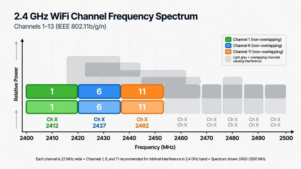 Diagram showing 2.4 GHz WiFi channel frequency spectrum with channels 1, 6 and 11 as non-overlapping bands and other channels overlapping