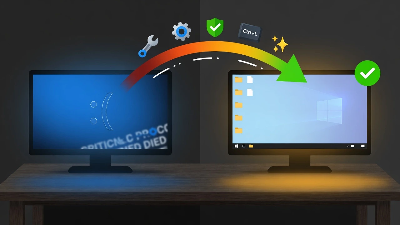 Illustration showing transition from Windows 10 blue screen error to working desktop with green checkmark representing successful fixes