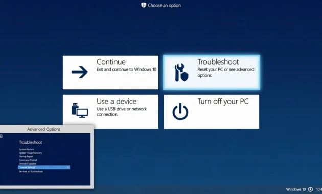 Windows 10 recovery screen showing Choose an option menu with
Troubleshoot tile highlighted to access Safe Mode