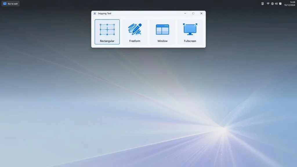 Windows 11 Snipping Tool capture bar showing four screenshot options after pressing Windows Shift S shortcut