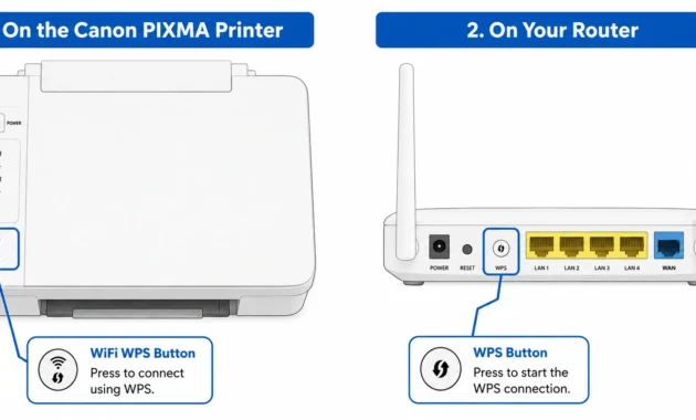 Diagram showing WPS button location on Canon PIXMA printer control panel and on home WiFi router back panel