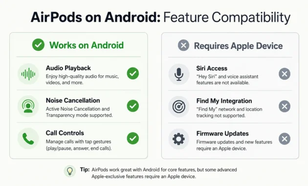 Comparison chart showing AirPods features that work on Android versus features that require an Apple iPhone or iPad