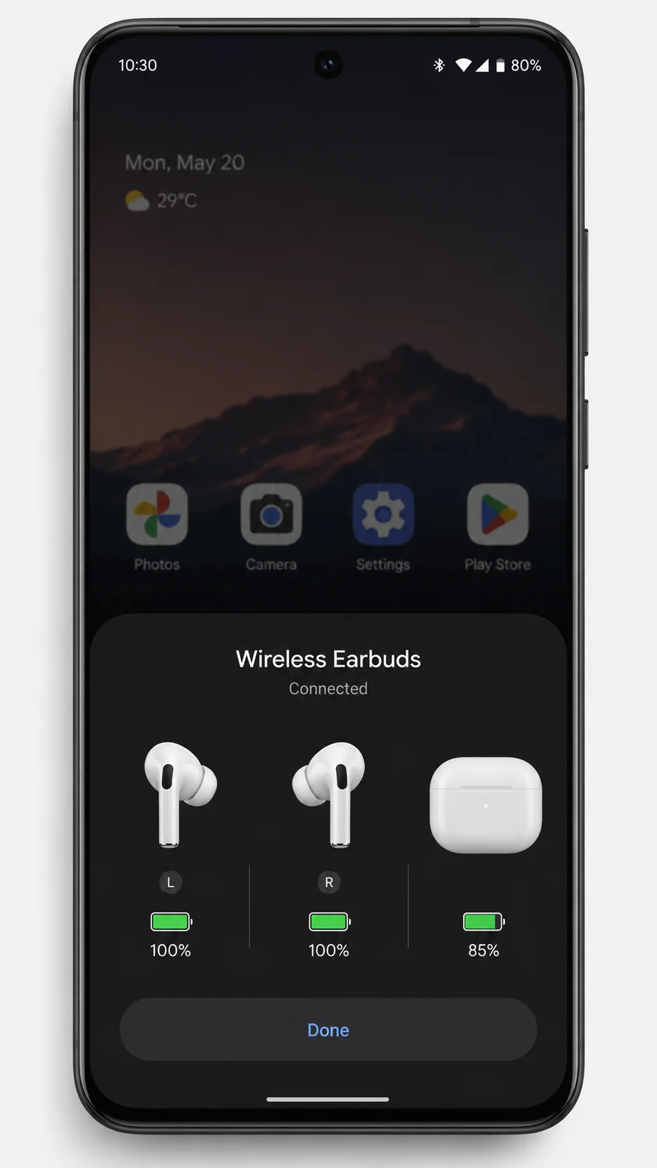 Android phone screen showing a bottom popup app widget displaying individual AirPods battery percentages and charging case level
