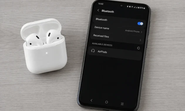 Open AirPods charging case with flashing white pairing light next to an Android phone showing AirPods in the Bluetooth menu