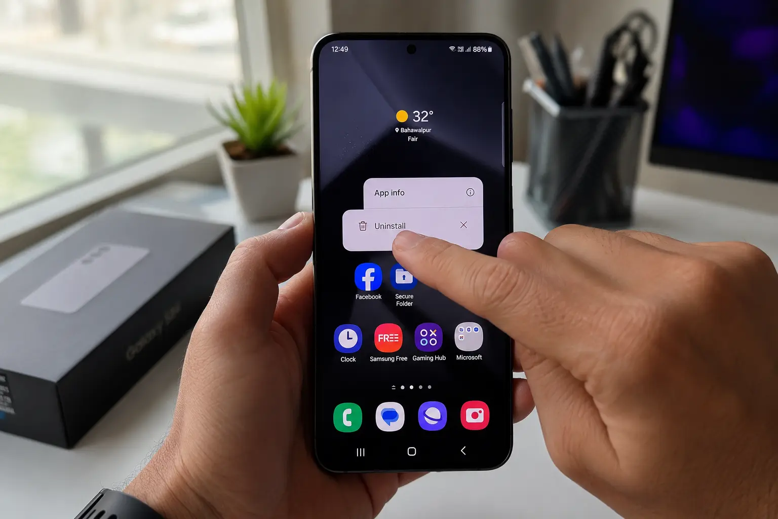 "Person holding Samsung Galaxy phone showing app deletion menu with Uninstall and Remove options highlighted on One UI home screen"