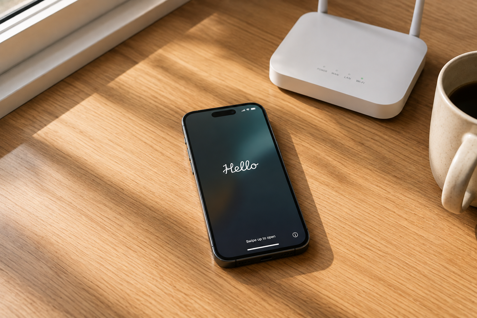 iPhone lying on a wooden desk showing the Hello screen at the start of activation