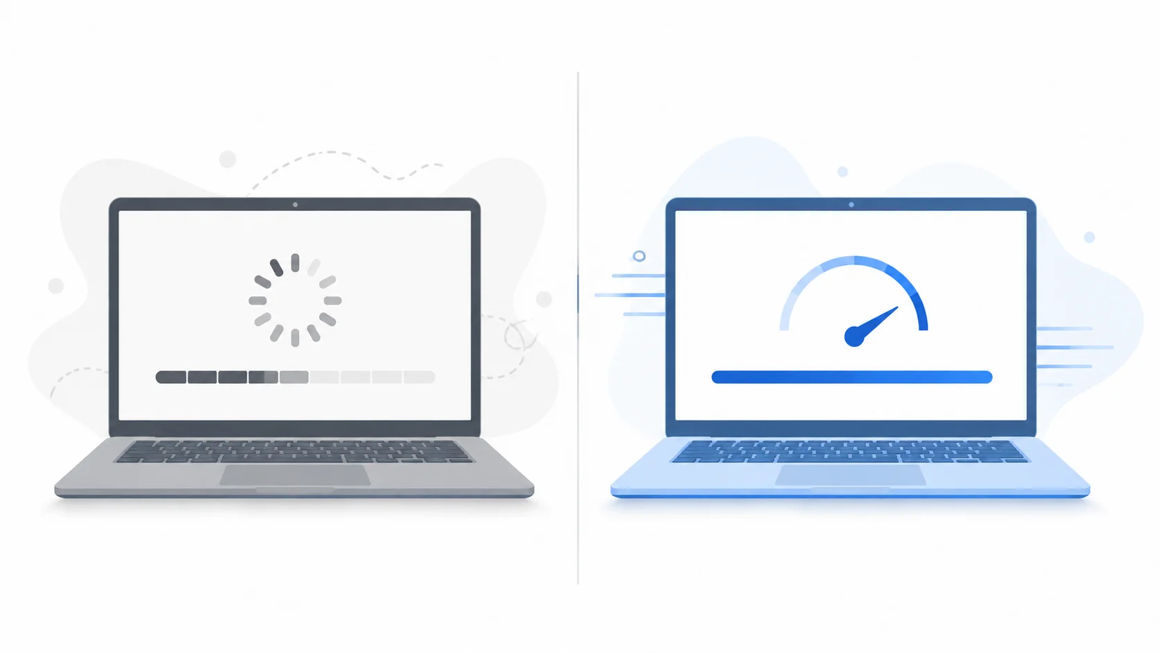 Comparison illustration of Windows 11 stalling on minimum 4GB RAM and HDD specifications versus running smoothly on the 8GB RAM and SSD comfort line