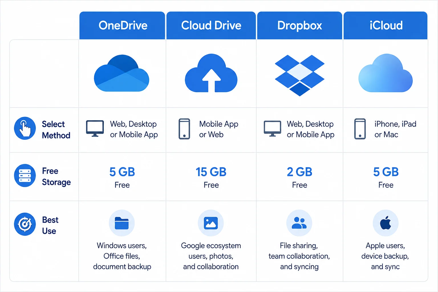 Comparison chart Google Drive Photos OneDrive Dropbox select method and free storage
