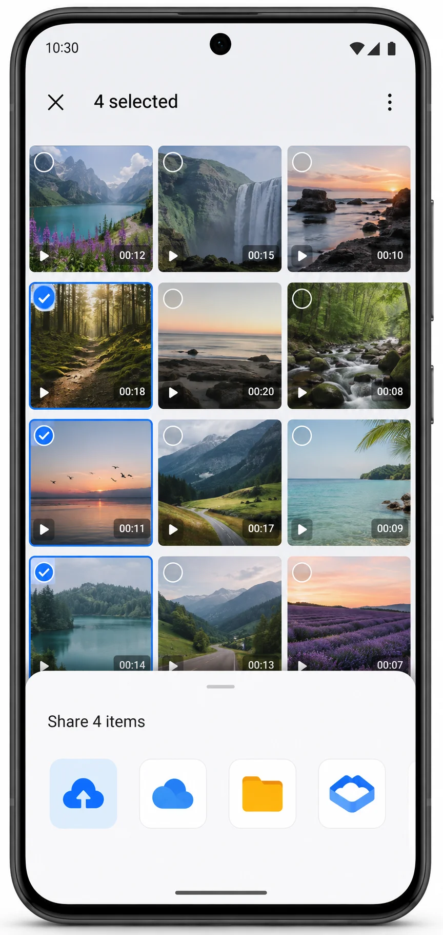 Android gallery multi select videos with share sheet open for cloud upload