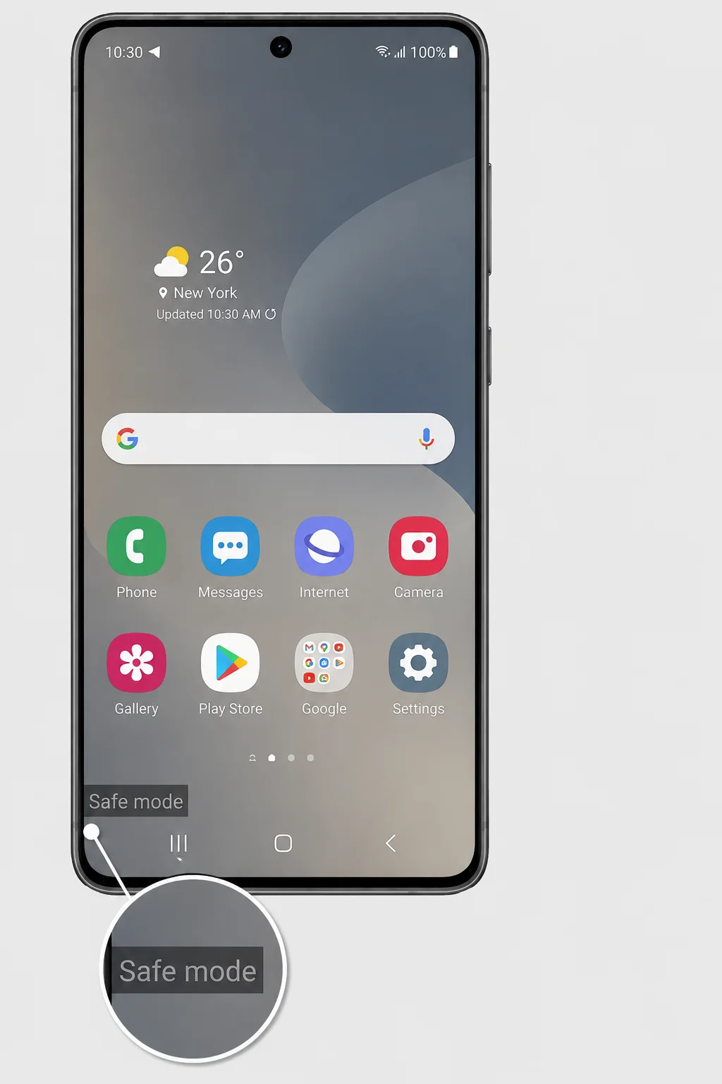 Android home screen showing the small Safe mode watermark in the bottom left corner with a zoom callout