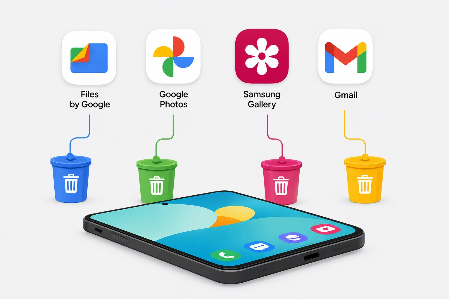 llustration showing Android apps each with their own trash folder instead of one universal recycle bin