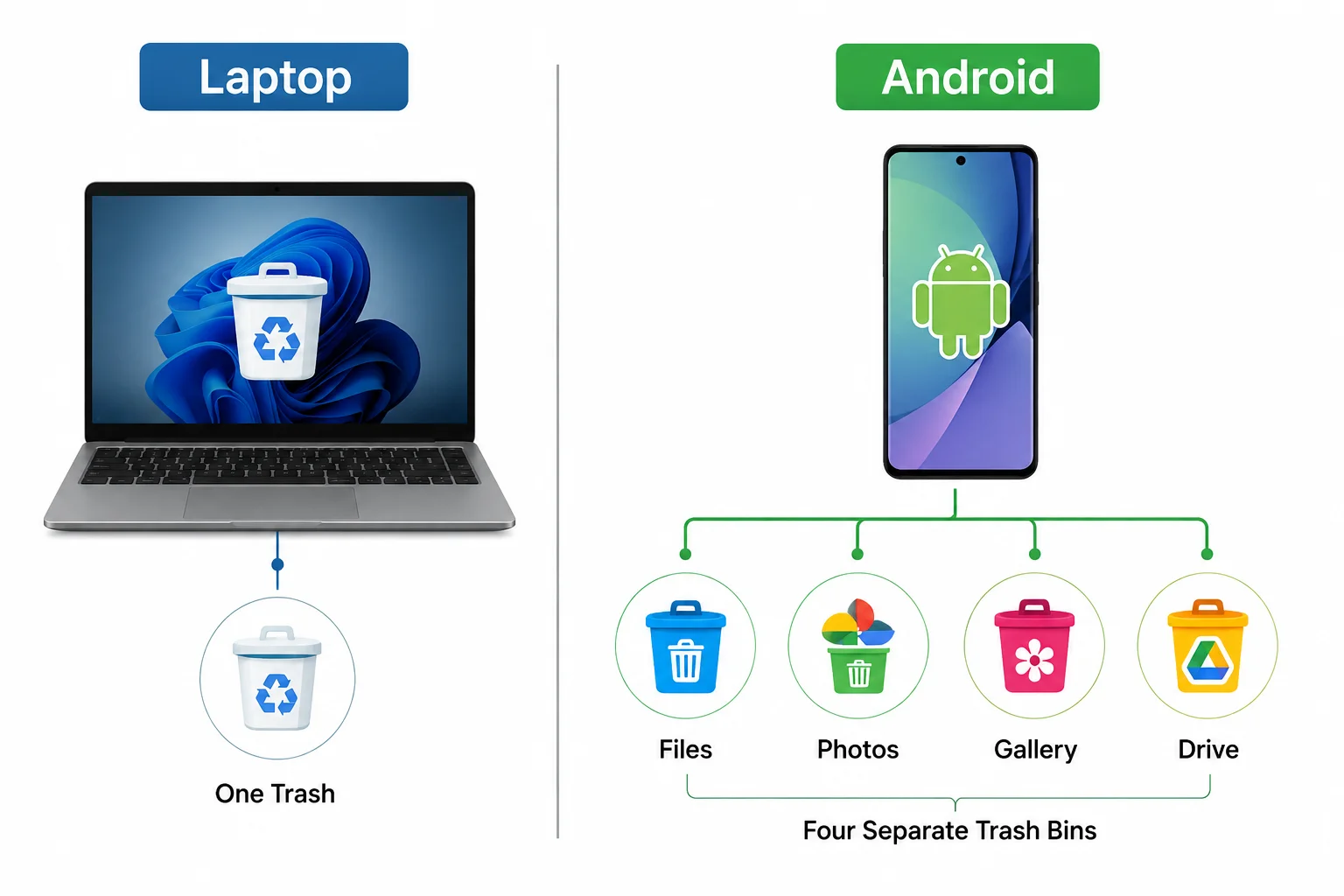 Diagram comparing one laptop recycle bin to Android's separate app trash folders