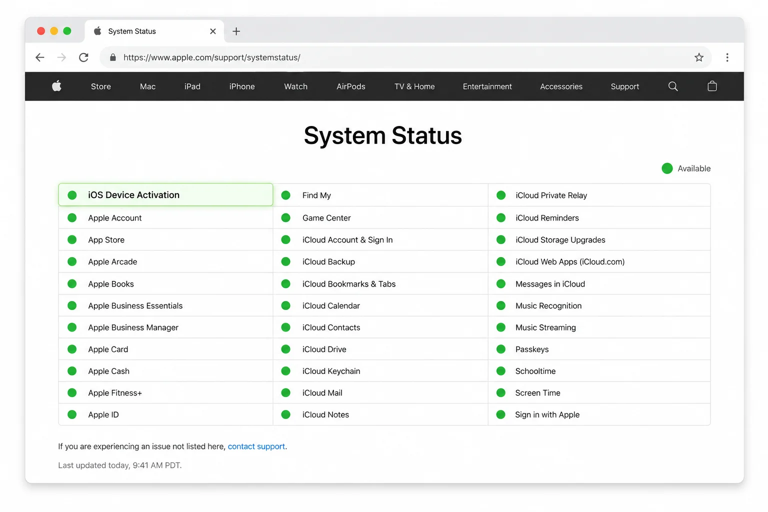 Apple System Status webpage showing the iOS Device Activation status with a green indicator — the first step when iPhone activation is stuck