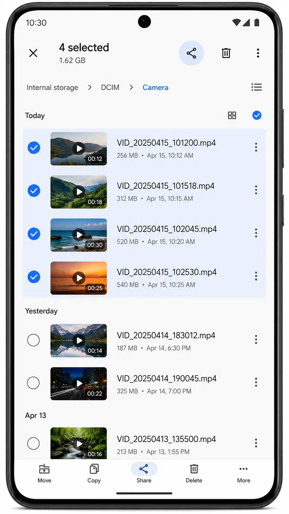 Files by Google multi select videos in DCIM folder to share to cloud