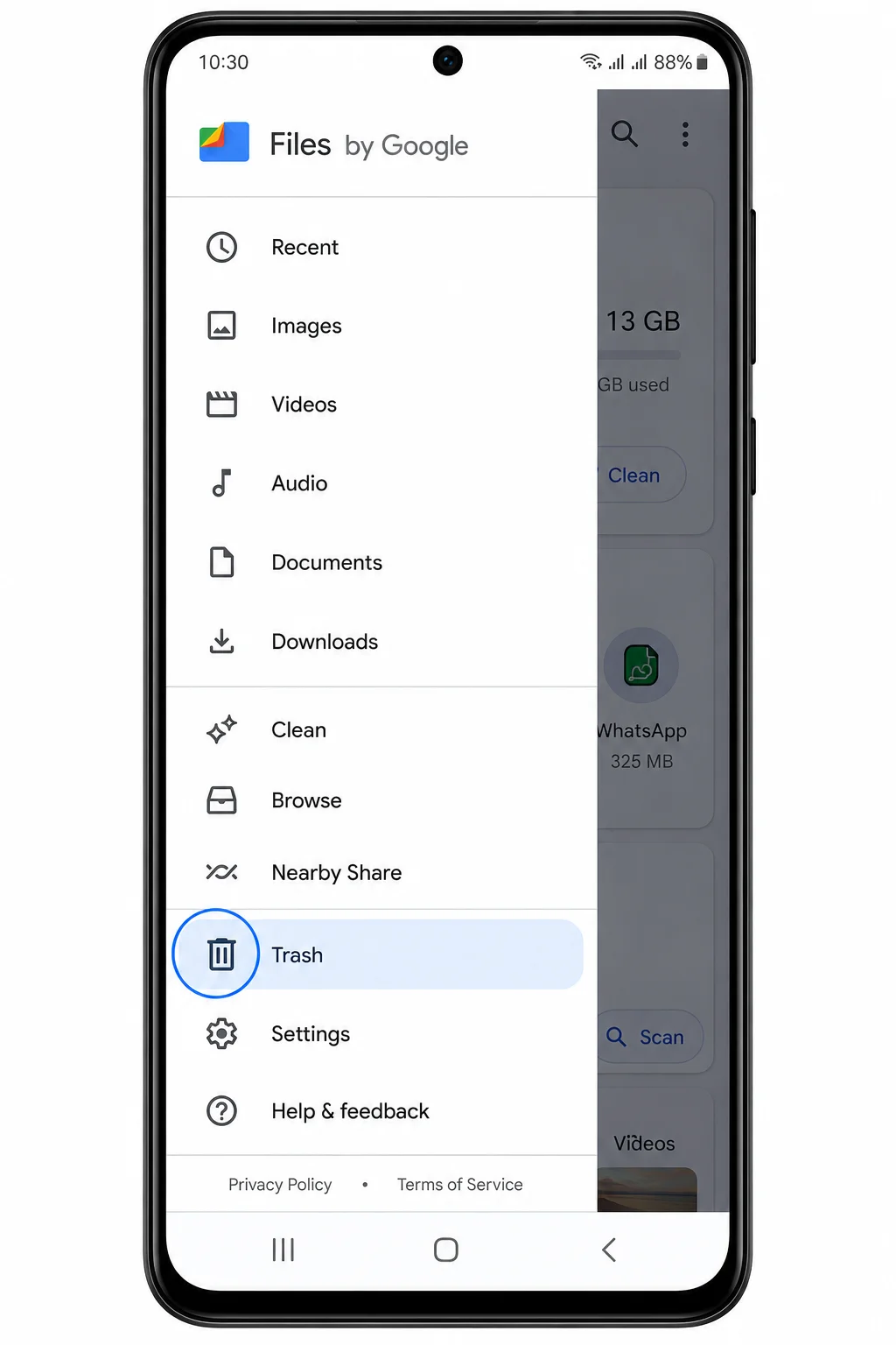 Files by Google app trash menu highlighted on Android screen