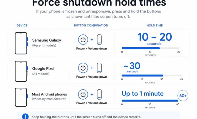 Infographic of force shutdown hold times showing Samsung 10 to 20 seconds, Pixel around 30 seconds, others up to a minute