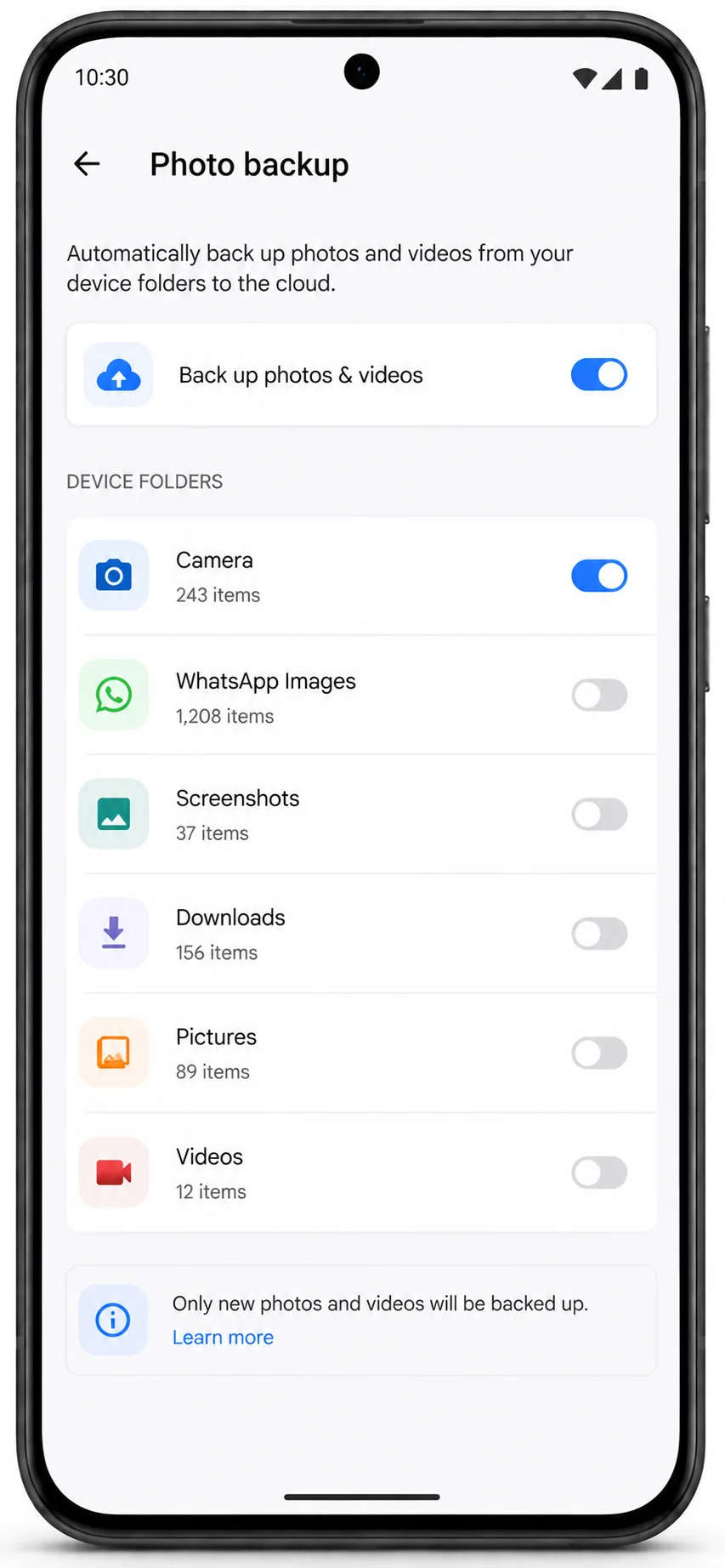 Google Photos Android backup settings device folders Camera on WhatsApp off