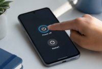how-to-turn-off-android-phone Android smartphone on a desk with the power menu open and a finger tapping the highlighted Power off option