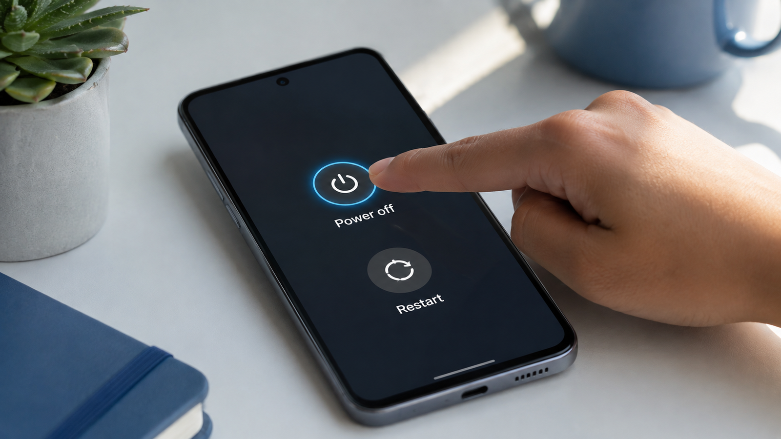 Android smartphone on a desk with the power menu open and a finger tapping the highlighted Power off option