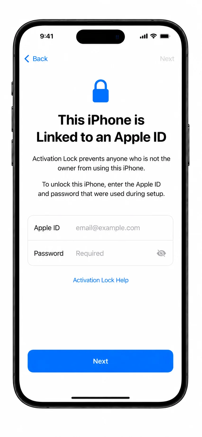iOS Activation Lock screen showing the message that the iPhone is linked to another Apple ID with the password field and sign-in button during setup