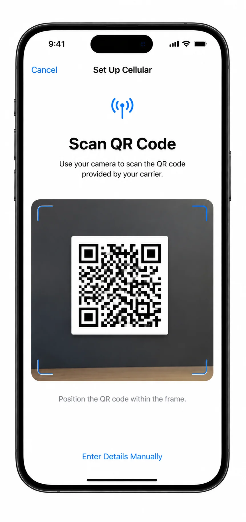 iOS eSIM QR code scanning screen showing the camera viewfinder scanning a carrier QR code to activate an eSIM on iPhone