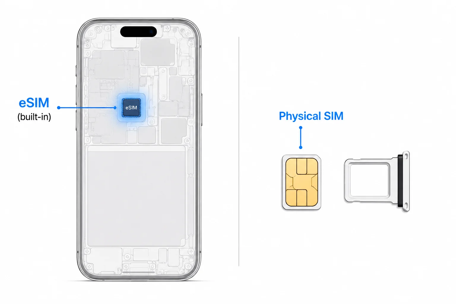Diagram comparing an eSIM built into the iPhone's hardware on the left with a physical nano-SIM card on the right — digital vs removable SIM
