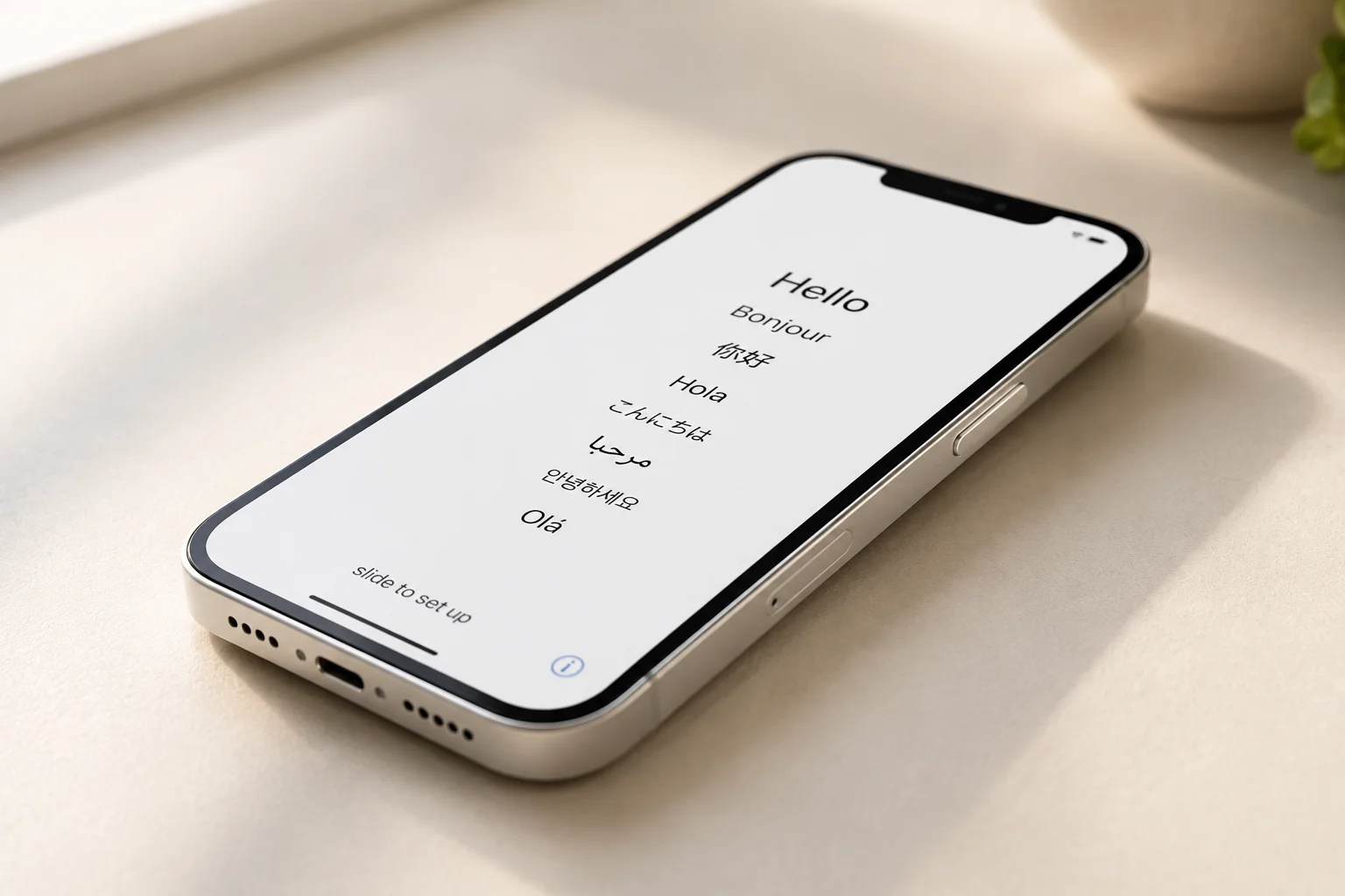 iPhone showing the Hello setup screen with the Side button visible on the right edge — the first step in activating a new iPhone