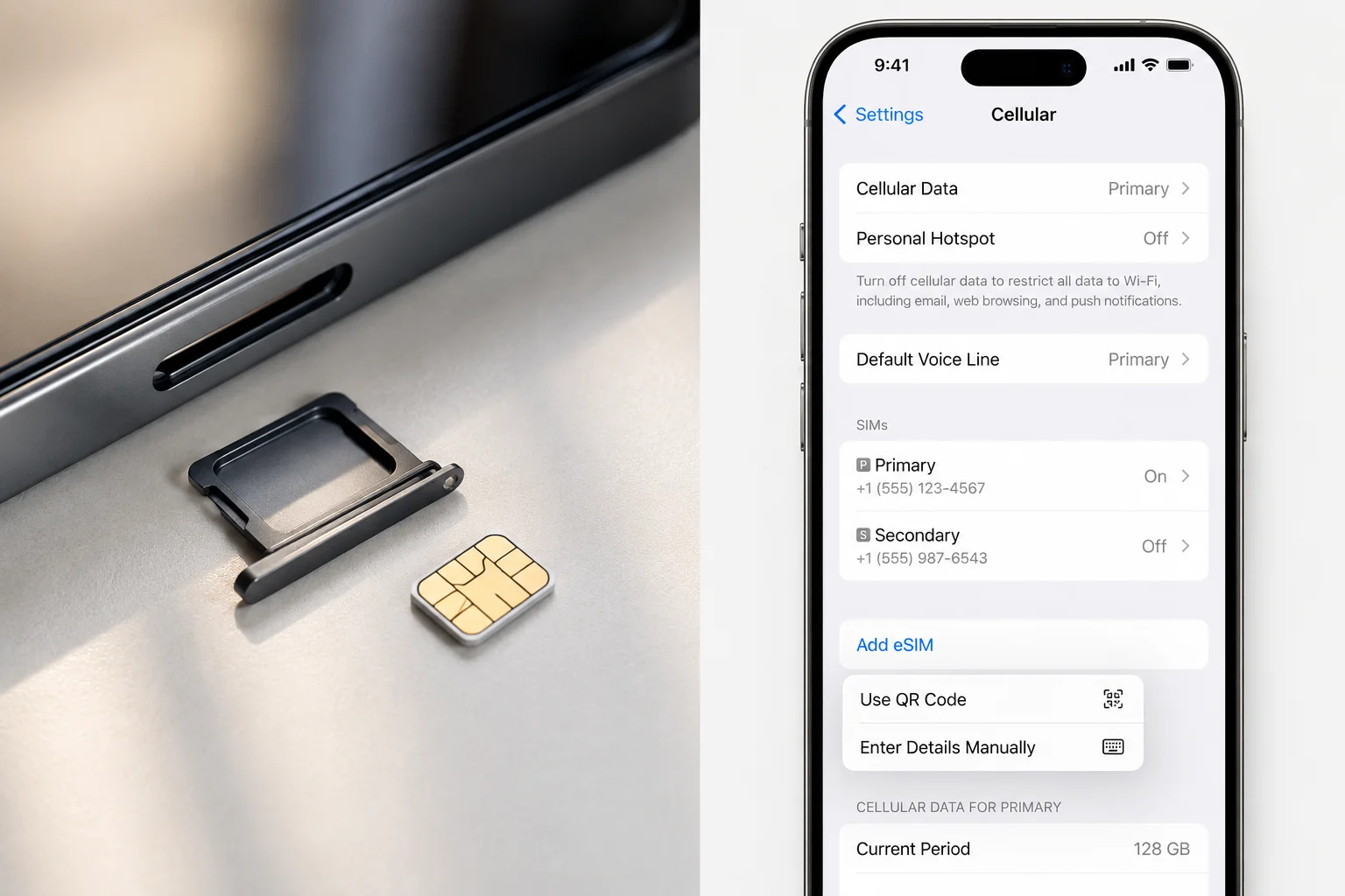 Comparison showing an iPhone SIM card tray with a nano-SIM card on one side and the iOS Add eSIM screen on the other — physical SIM vs digital eSIM activation