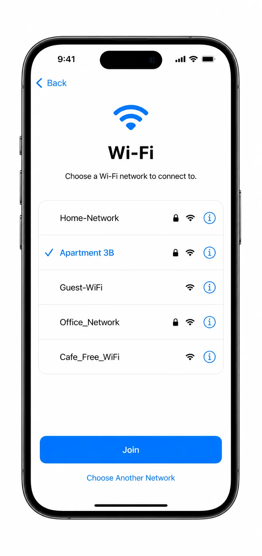 iOS Wi-Fi network selection screen showing a list of available networks with a password-protected network selected and the Join button ready