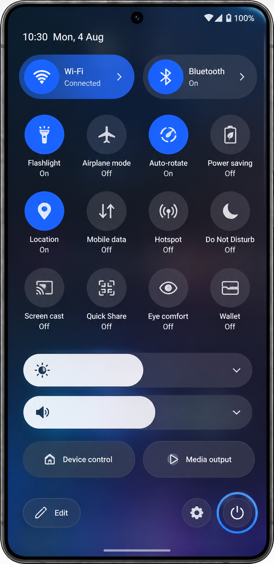 Expanded Android Quick Settings panel with the power icon highlighted in the bottom right corner next to the settings gear