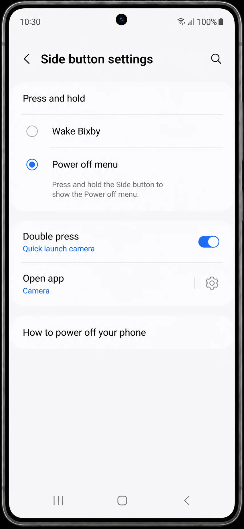 Samsung side button settings screen with the press and hold action changed from Bixby to the power off menu