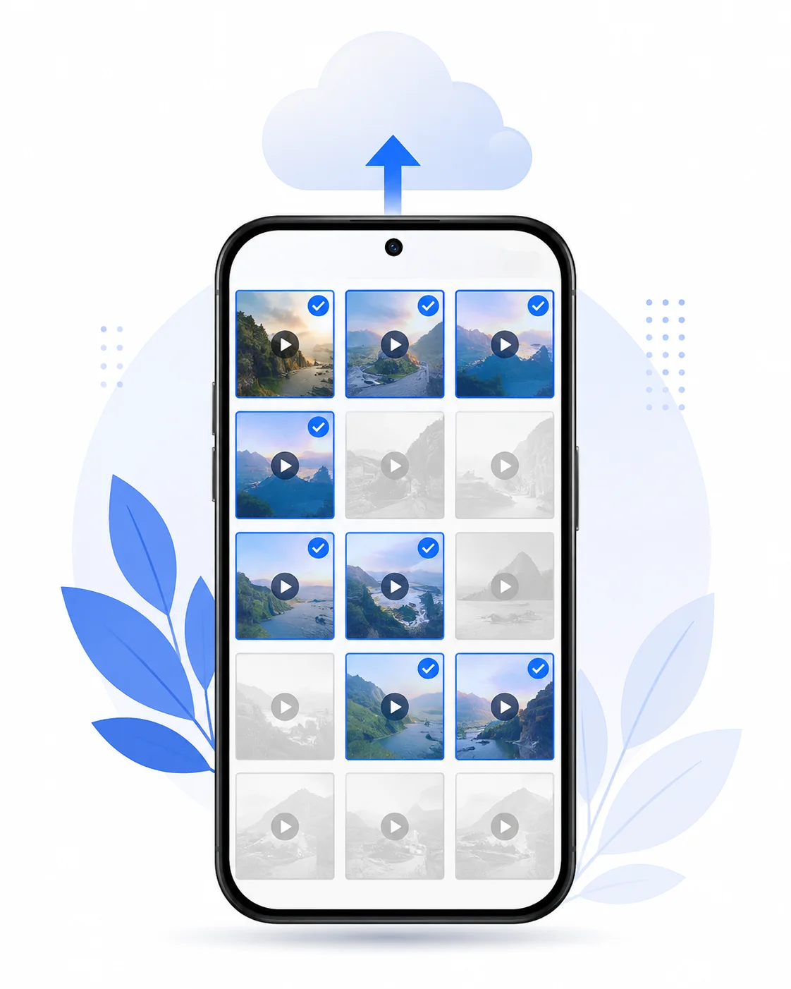 Android phone showing selected video clips uploading to cloud not full gallery