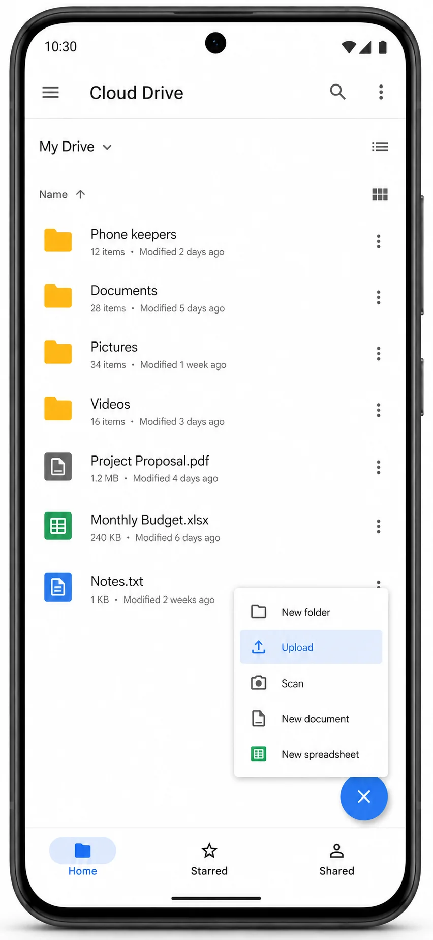 Google Drive on Android plus button upload selected videos into Phone keepers folder