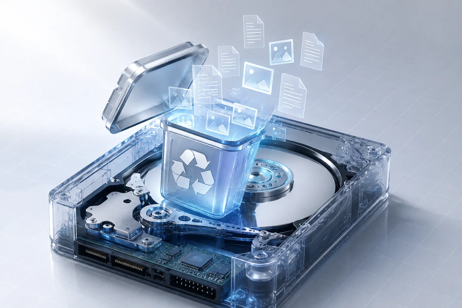 Illustration showing an open recycle bin inside a hard drive with translucent files still visible, demonstrating that data remains after emptying