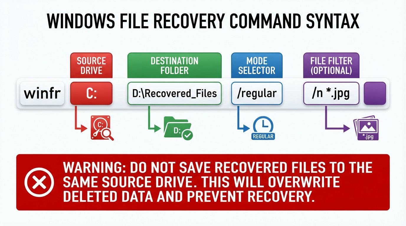 Visual diagram breaking down the winfr command syntax with source drive, destination, mode, and filter labels