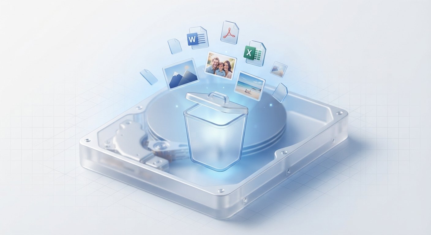 llustration showing an open recycle bin inside a hard drive with translucent files still visible, demonstrating that data remains after emptying