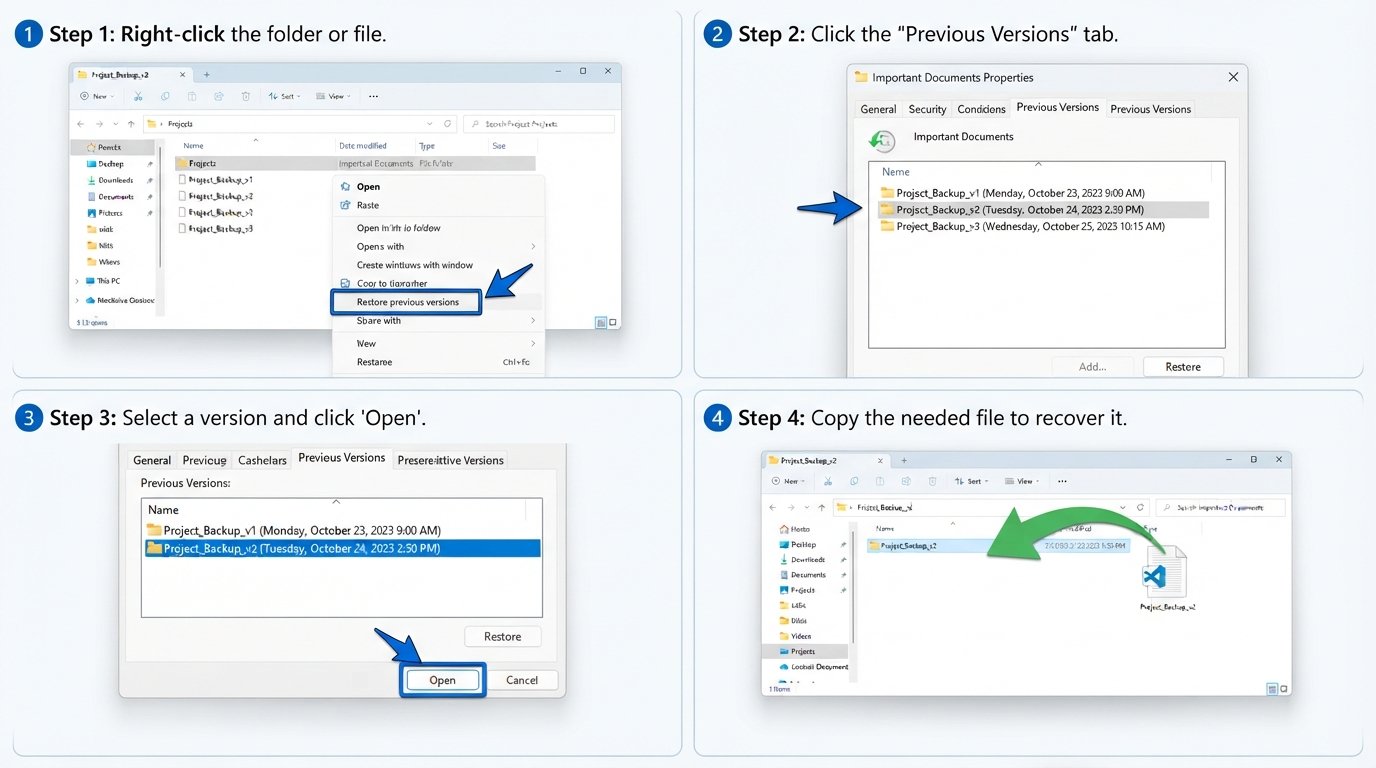Four-panel diagram showing how to restore previous versions of a deleted folder using Windows File Explorer Previous Versions tab