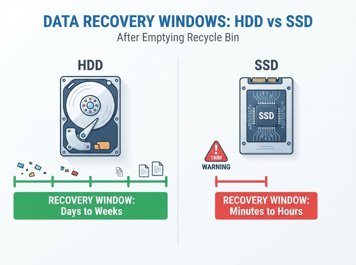  Side-by-side infographic comparing hard disk and solid state drive recovery windows after files are emptied from recycle bin
