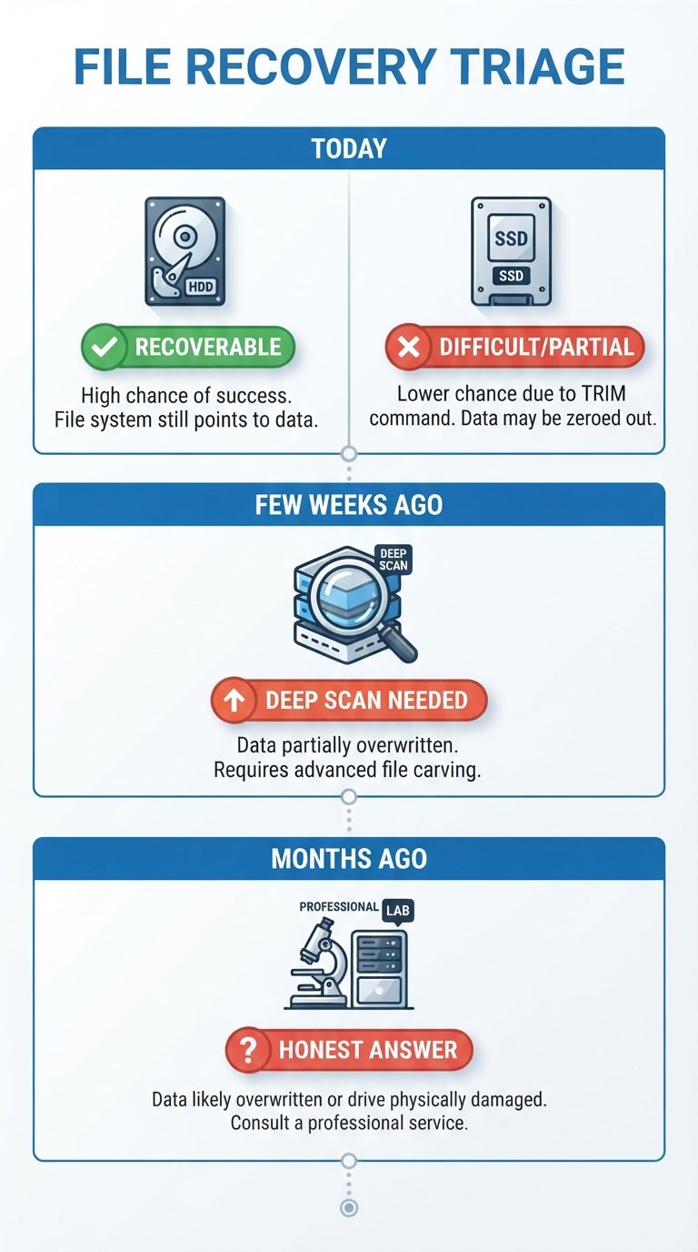  Infographic timeline showing when to attempt recovery on hard disks versus SSDs after files are emptied from recycle bin